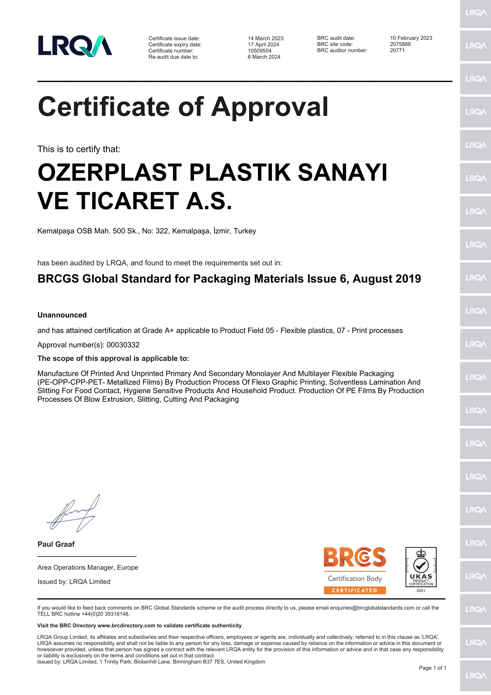 Özer Plast BRC Sertifikası